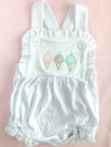Ice Cream Cone Trio Applique on Baby/Toddler Girls Personalized White Bubble/Sunsuit