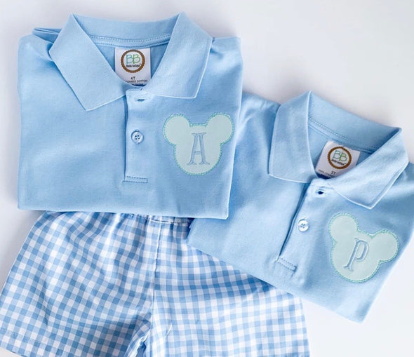 Monogram Initial and Mouse Applique Design on Boy's Classic Light Blue Polo Shirt - Shorts Not Included