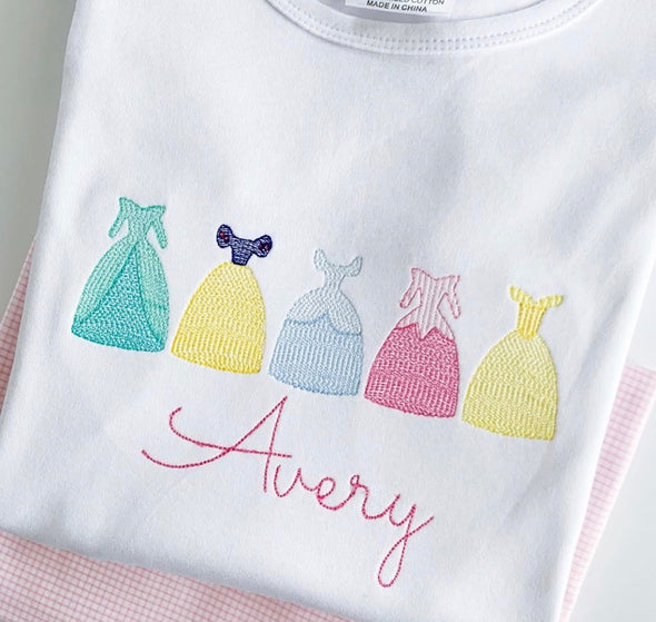 Princess Dresses Embroidery on Girl's White Shirt or Dress Personalized with Name