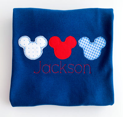 Boy Mouse Ears Trio Applique on Boys Personalized Navy Shirt