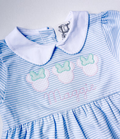 Miss Mouse Trio Applique on Blue Striped Short Sleeve Dress with White Round Collar