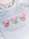 Personalized Miss Mouse Applique Design on Girl’s Light Blue Sweatshirt