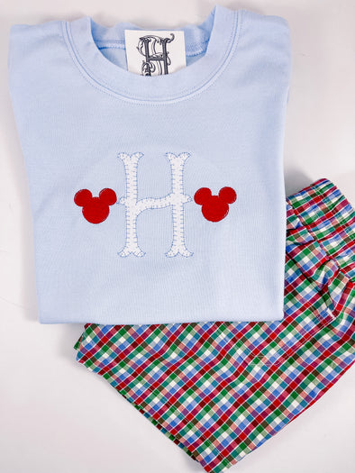 Monogrammed Initial with Boy Mouse Ears Embroidery on Boy's Blue Shirt