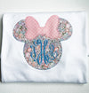 Monogrammed Big Happy Girl Mouse with Bow Applique on Girl's White Shirt or Dress Personalized with Name