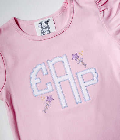 Monogrammed Girls Pink Shirt with Magical Wands Embroidery