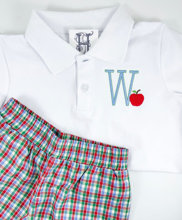 Monogram Initial and Apple on Boy's Classic White Polo Shirt - Shorts Not Included