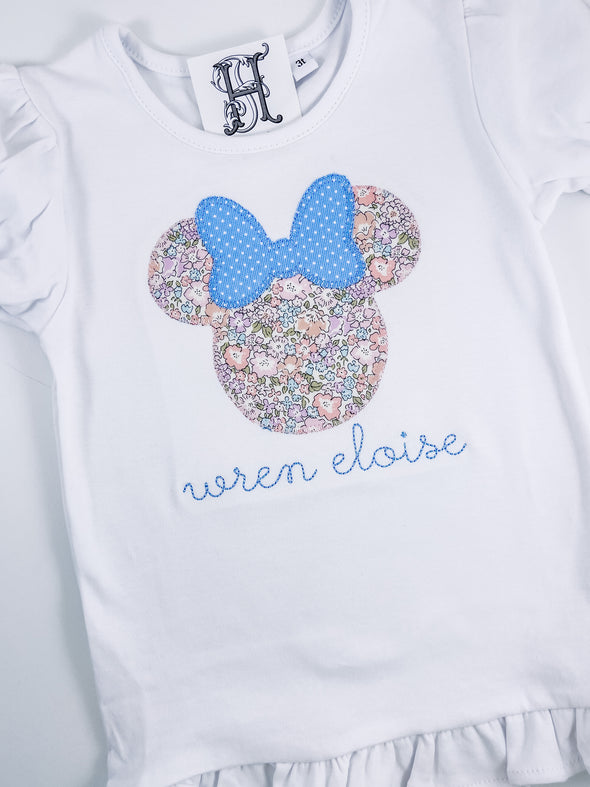 Girls Personalized White Shirt with Mouse Applique Design