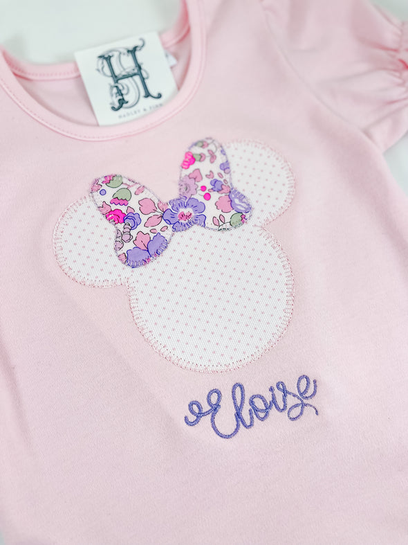 Girls Personalized Pink Ruffled Shirt with Fabric Mouse Ears Applique