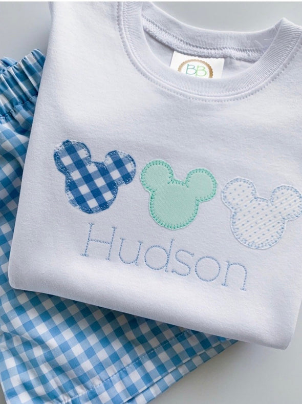 Boy Mouse Ears Trio Applique on Boys White Shirt Personalized with Name
