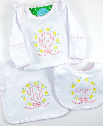 Newborn Baby Girl's Gift Set -  Personalized Daygown, Bib, and Burp