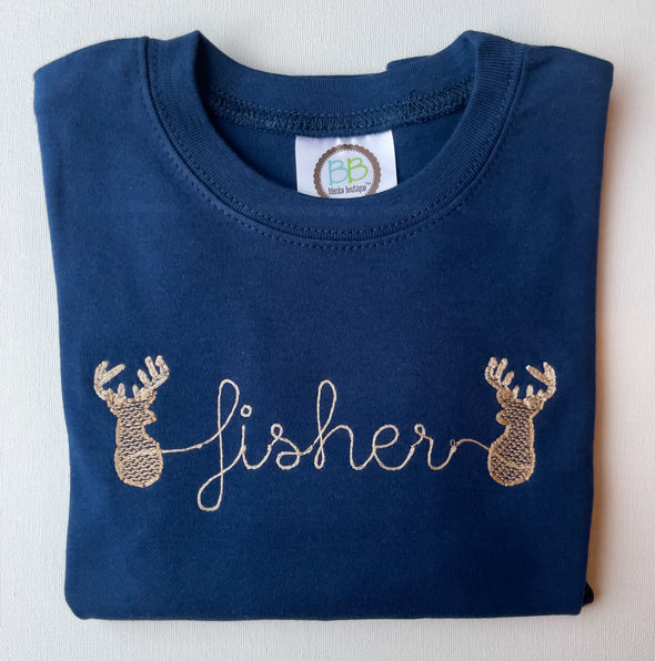 Deer Heads Embroidery on Boys Navy Shirt Personalized with Name