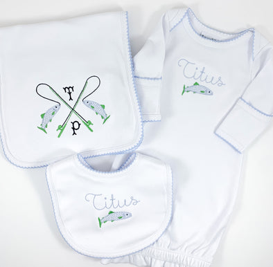 Newborn - Baby Boys Layette Gift Set - Personalized White Gown, Bib, and Burp with Blue and Green Embroidery Fishing Design