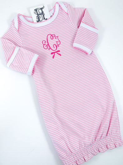 Monogrammed Newborn Gown - Baby Girls Pink Stripe Layette Gown - Monogrammed in Bright Pink with Bow