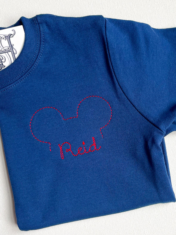 Boy Mouse Outlined and Name in Red Thread on Boys Navy Shirt