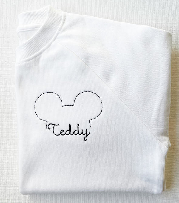Mouse Outlined and Name in Black Embroidery on Unisex Oversized White Sweatshirt