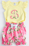 Monogram Pink Daisy Fabric Initial on Girl's Yellow Shirt