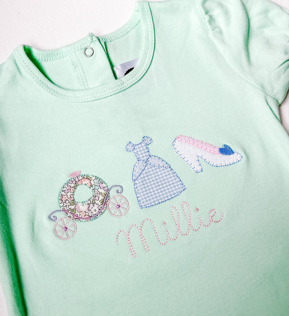 Princess Trio Applique on Girl's Mint Romper Personalized with Name