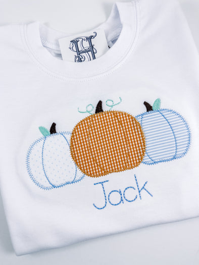 Pumpkins Trio Applique on Boy's White Shirt - Boy's Personalized Fall and Thanksgiving Shirt