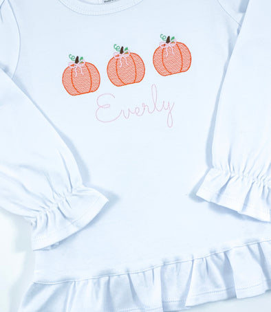 Pumpkin Trio with Bows on Girl's White Shirt Personalized in Pink Embroidery