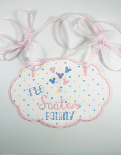 Stroller Tag - Personalized Baby and Toddler Stroller Tag - Pastel Polka Dot Fabric with Mouse Balloons