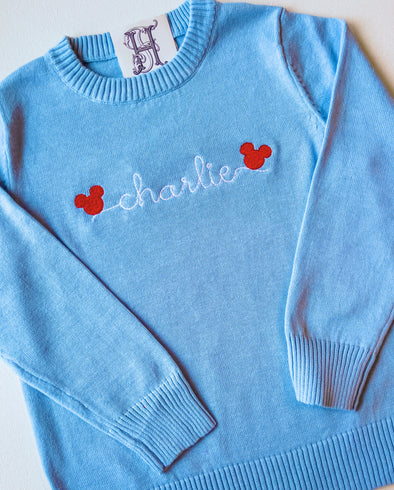 Boy Mouse Ears on Blue Unisex Sweater Personalized with Name