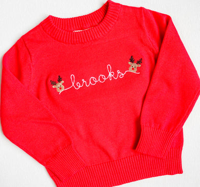 Personalized Christmas Red Unisex Sweater with Reindeer or Christmas Tree Embroidery Design