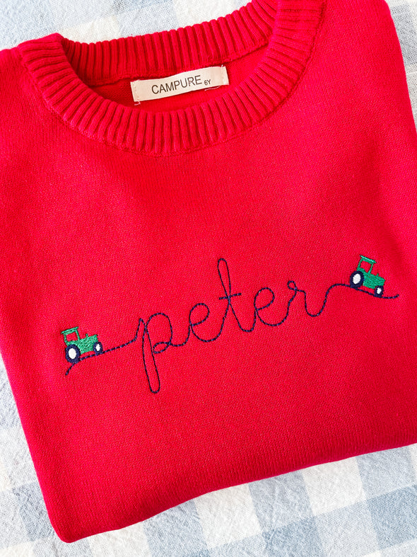 Tractor and Name Embroidery on Red Unisex Sweater