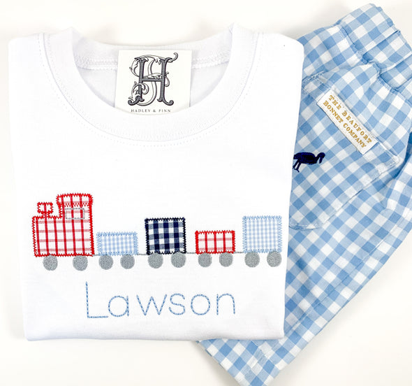 Choo Choo Train Applique Shirt for Boy's - Blue, Navy, and Red Gingham Fabrics on White Shirt - Personalized with Name