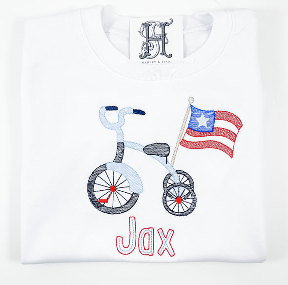 Boy's Personalized White Shirt - Tricycle with Flag - Red,White, and Blue Embroidery