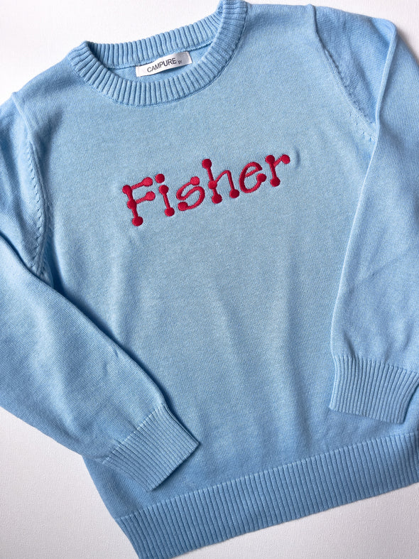 Sweater Unisex Blue with Name Personalized in Red Embroidery