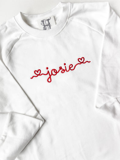 Personalized with Name and Hearts Red Embroidery on White Unisex Oversized Sweatshirt