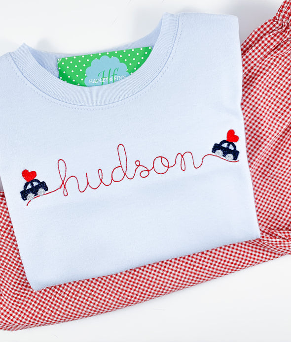 Cars with Valentines on Boy's Blue Shirt Personalized with Name
