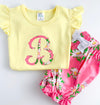 Monogram Pink Daisy Fabric Initial on Girl's Yellow Shirt