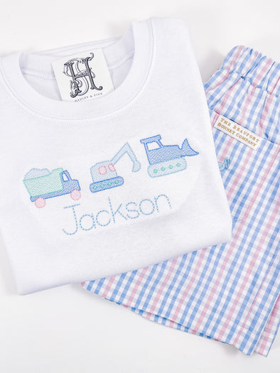 Construction Toys - Boy's White Shirt with Blue, Mint, and Pink Dump Truck, Excavator, and Bulldozer Embroidery - Personalized with Name