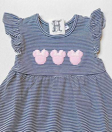 Miss Mouse with Bow Trio on Knit Dark Navy Blue Stripe Flutter Sleeve Dress